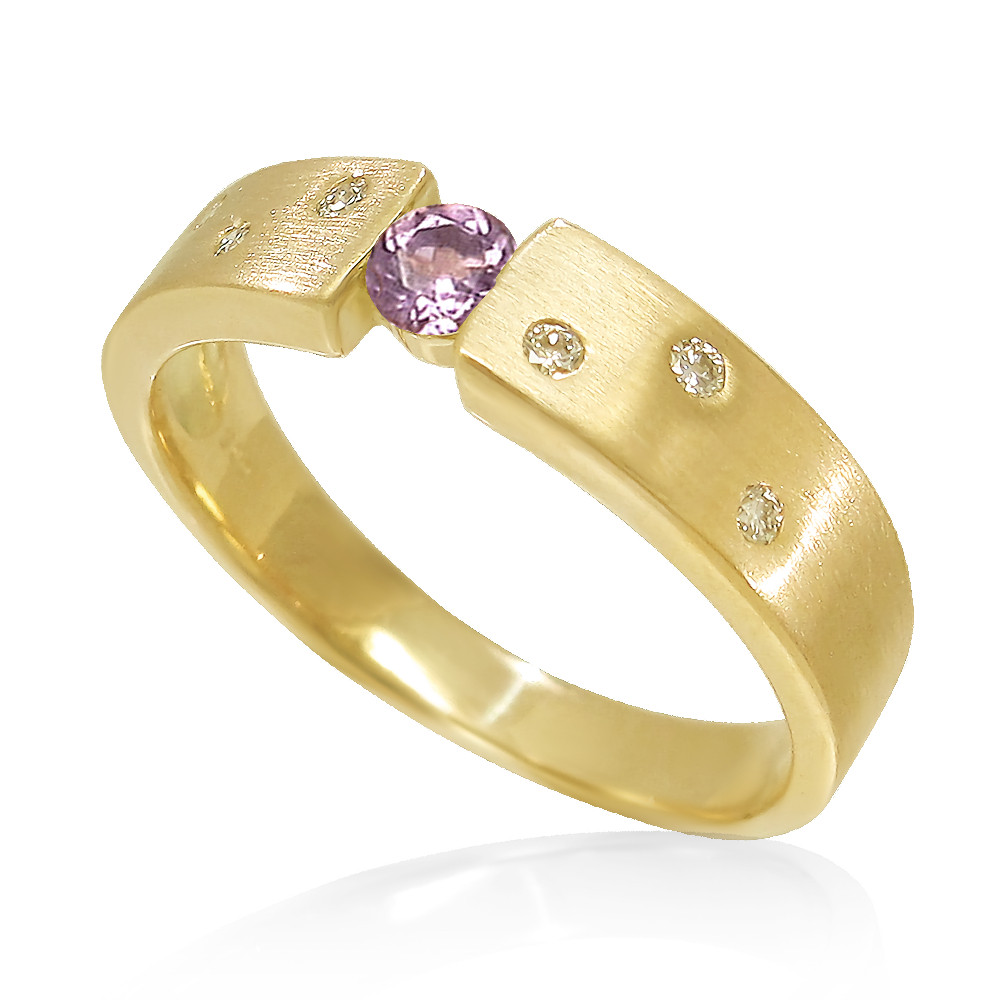 K18 イエローゴールド ２月誕生石 天然 アメジスト と ダイヤモンド  の シンプルな 平打ち リング [受注制作]