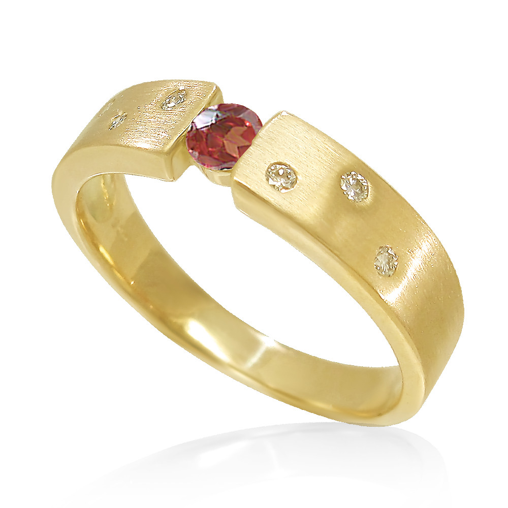 K18 イエローゴールド １月誕生石 天然 ガーネット と ダイヤモンド  の シンプルな 平打ち リング [受注制作]
