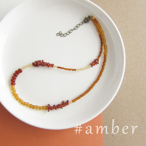 ロイヤルアンバー(琥珀)ビーズネックレス オレンジ (18k ゴールド連結