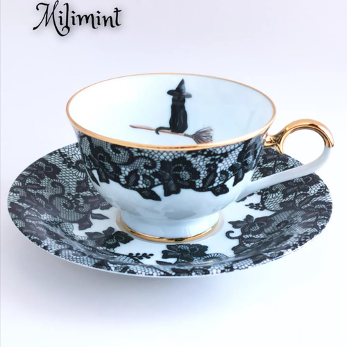 黒猫と夜の庭ティーセット(カップ＆ソーサー1点、19.8cmプレート1点