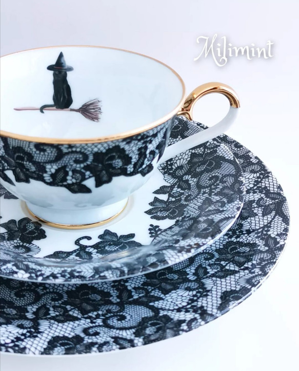黒猫と夜の庭ティーセット(カップ＆ソーサー1点、19.8cmプレート1点