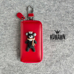 『KUMAWN/クマウン』カードポケット2個付き 便利なキーケース・牛革・多機能・スマートキー《レッド》 1枚目の画像