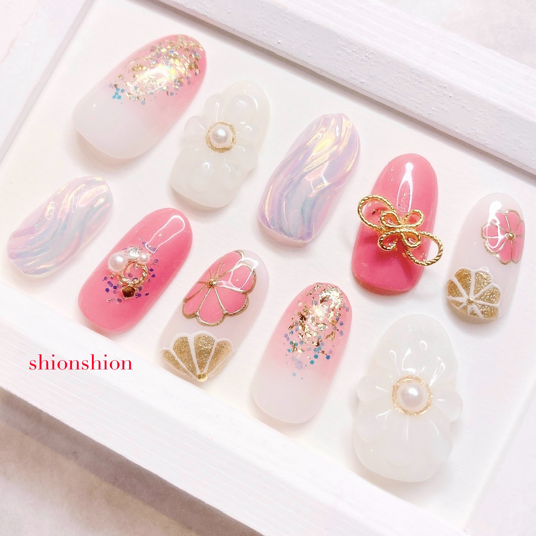 ぷっくりお花キラキラ乙女気分になれる 和ネイルチップ/ウェディング 結婚式 前撮り 成人式 卒業式 和装/ピンク