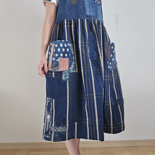 着物リメイク 手作り 地厚 BORO 襤褸 ジャンパースカート キュロット