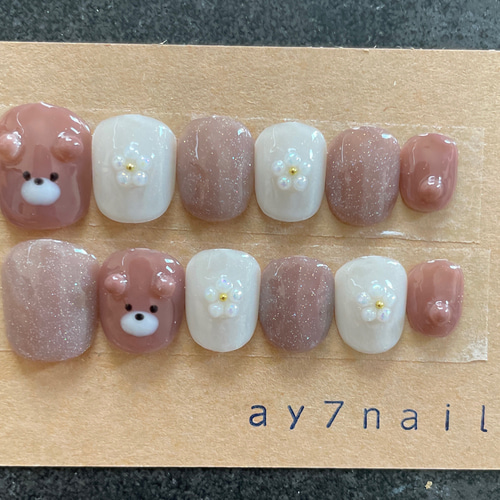 くまネイルチップ くま小花柄ネイル ガーリーネイル 韓国ネイル ベリー  