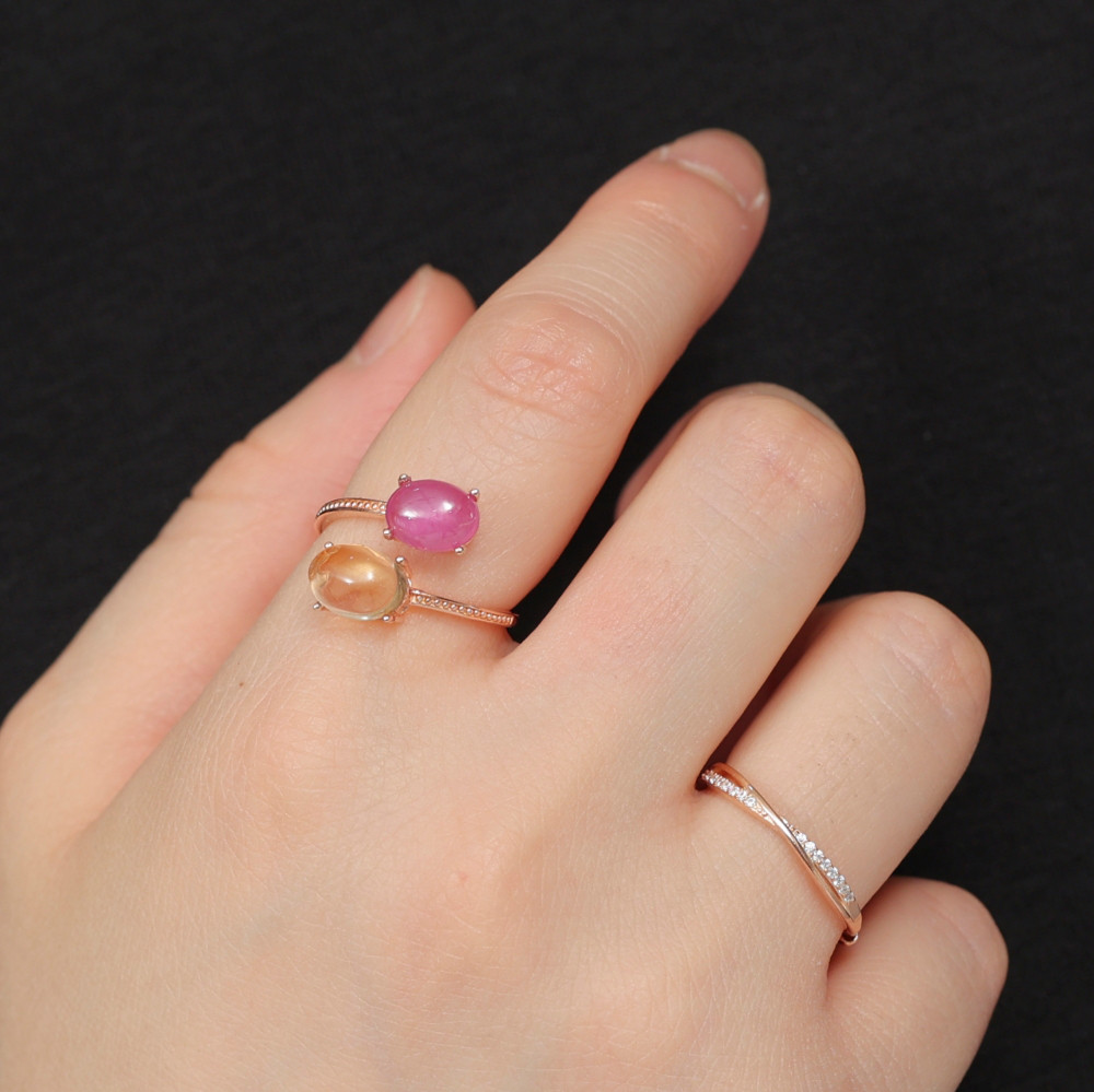 【再販】～秋桜～コスモス《スタールビー×シトリン》天然石フォークリング《ピンクゴールド/シルバー925》◇フリーサイズ