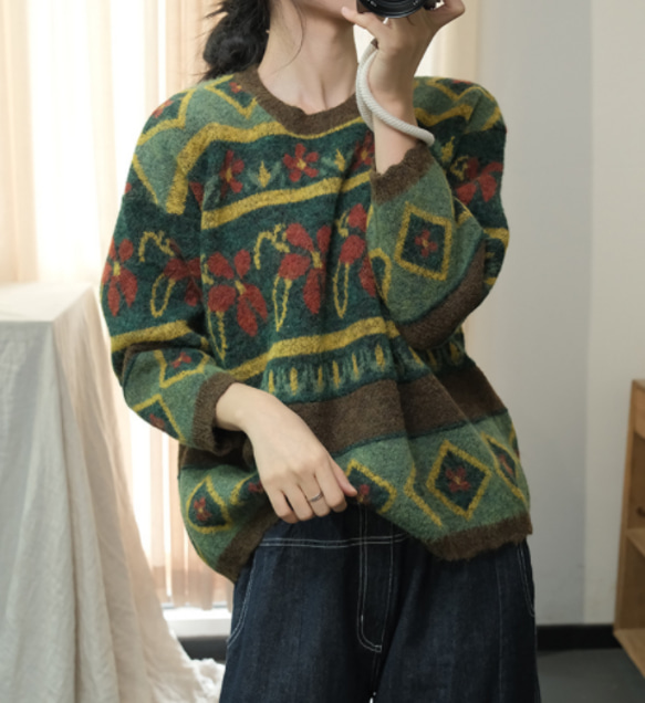 新作. レトロニット コーヒ色 コットン.綿ニットセーター 手編み  