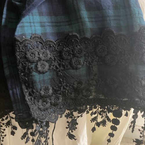 ハンドメイド◇ブラックウォッチリネンストール広幅ロング黒刺繍