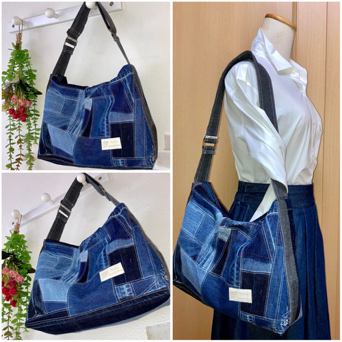 新作！ワンショルダートートバッグ♡USEDデニム♡パッチワーク♡2way  