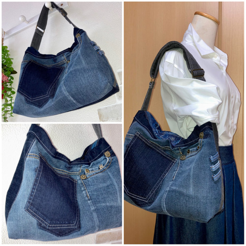 新作！ワンショルダートートバッグ♡USEDデニム♡パッチワーク♡2way  