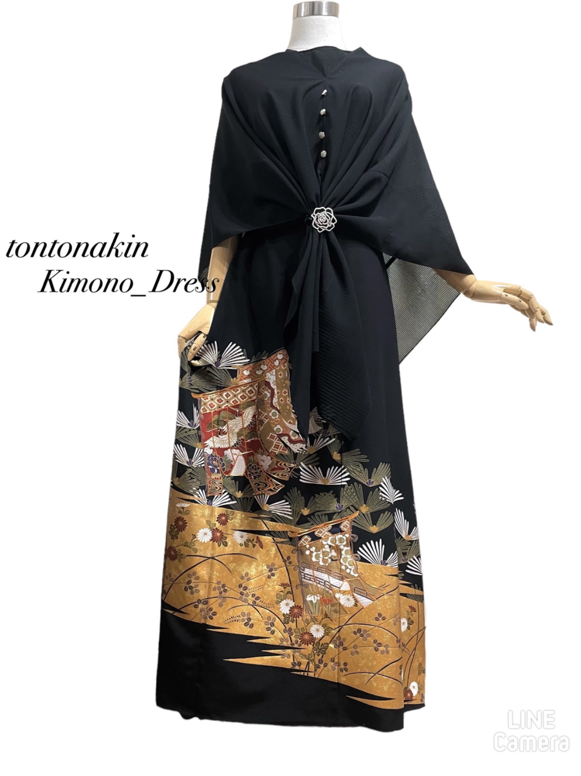 正絹　未使用留袖反物からロングドレスＬ 送料無料 着物 リメイク 留袖 金駒 金彩 衣桁 反物 花々 正絹