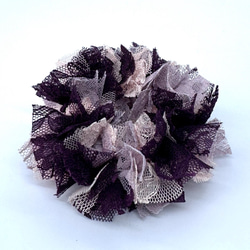 ヘアゴム＊ハーフシュシュ◇ダークオレンジ×レッド/花柄チュール