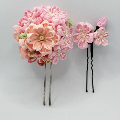 つまみ細工 桜と蝶々のかんざし Uピン 簪 髪飾り かんざし 夢希
