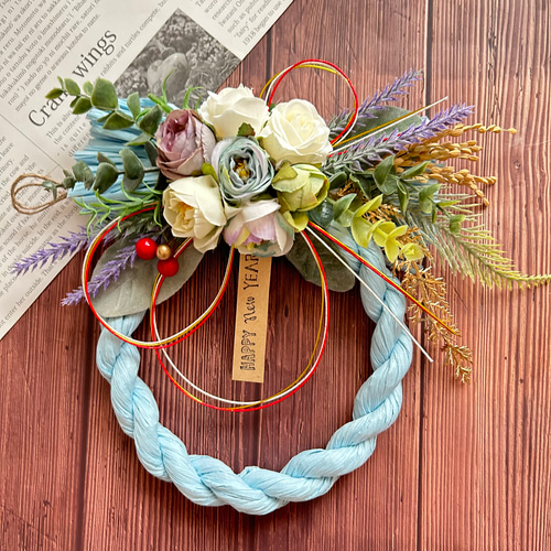 No.49 ミニバラフラワーブーケしめ縄リース2025 ハンドメイドお正月