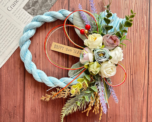 No.49 ミニバラフラワーブーケしめ縄リース2025 ハンドメイドお正月