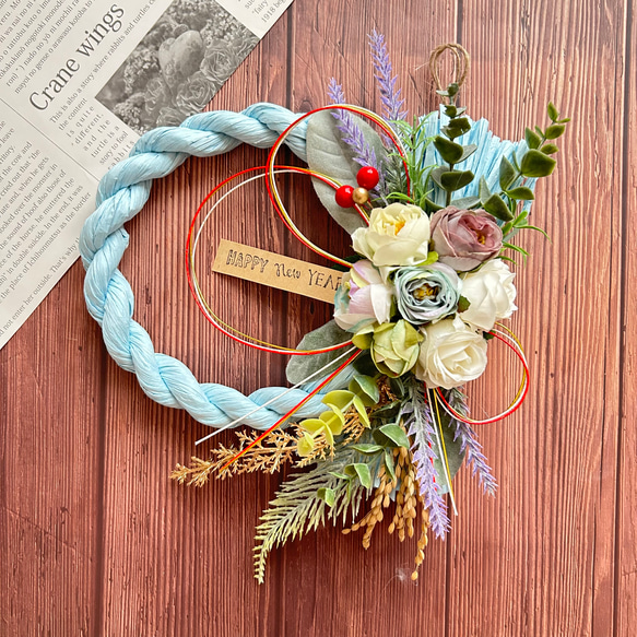 No.49 ミニバラフラワーブーケしめ縄リース2025 ハンドメイドお正月
