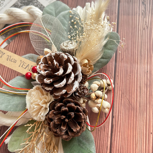 No.50 木の実のナチュラルしめ縄リース2025 ハンドメイドお正月飾り  