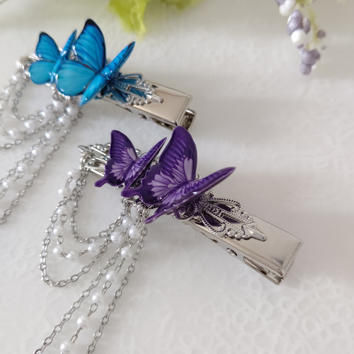 5.5cmヘアクリップ♪青い蝶 紫の蝶。モルフォ蝶 オオルリアゲハ。蝶々