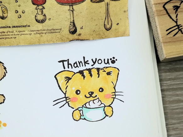 消しゴムはんこ　255　ねこ　カプチーノ　ありがとう　Thankyou　トラ猫　スタンプ　はんこ 1枚目の画像