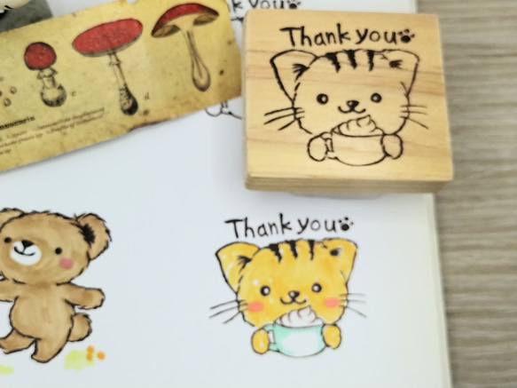 消しゴムはんこ　255　ねこ　カプチーノ　ありがとう　Thankyou　トラ猫　スタンプ　はんこ 2枚目の画像