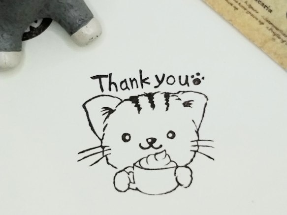消しゴムはんこ　255　ねこ　カプチーノ　ありがとう　Thankyou　トラ猫　スタンプ　はんこ 3枚目の画像
