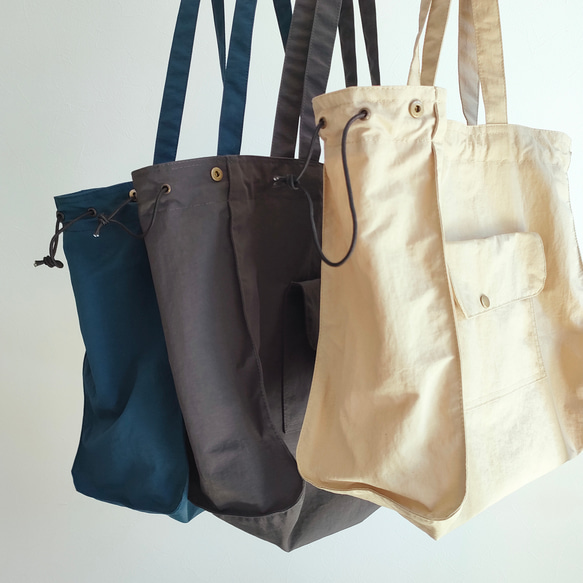 撥水ナイロンよくばり3way巾着トート・マスタードイエロー 撥水ナイロン　サブバッグ　巾着バッグ 9枚目の画像