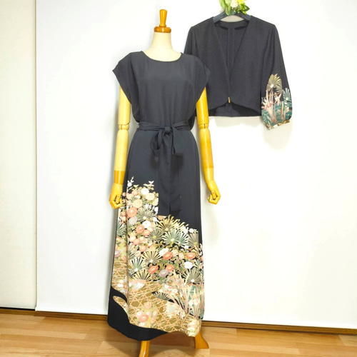 ★黒留袖アンサンブル*フレンチワンピ+ボレロ*着物リメイク正絹作家*2L〜3L㉚ 黒留袖アンサンブル*フレンチワンピ+長袖ボレロ*リボン付き*着物