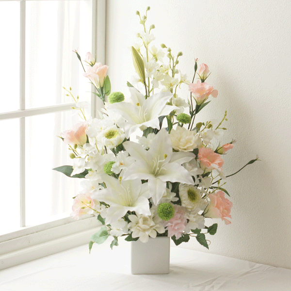 【仏花】高さ60㎝　カサブランカと輪菊と胡蝶蘭ミディの特大仏花(シャーベットピンク）