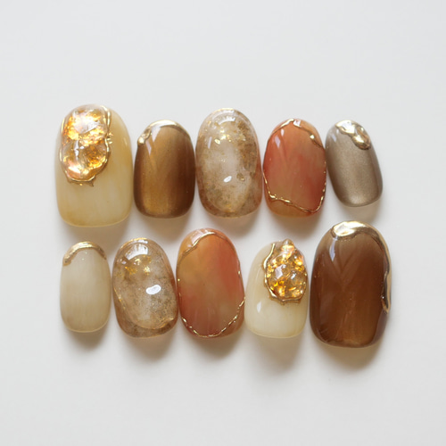 オレンジ×ブラウンのキラキラニュアンスネイル◇ネイルチップ