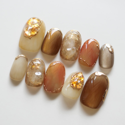 No.336 ネイルチップ　ブラウン　水色　ニュアンス　キラキラ　シェル　秋 e885e776e9a8072ef4be202484b849