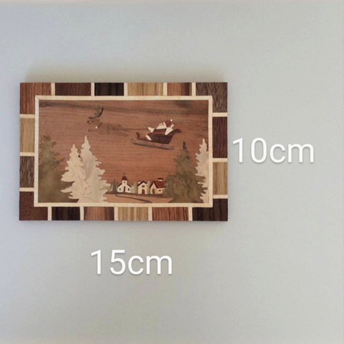 一点ものクリスマス 木の絵画 木象嵌 サンタとトナカイ はがきサイズ