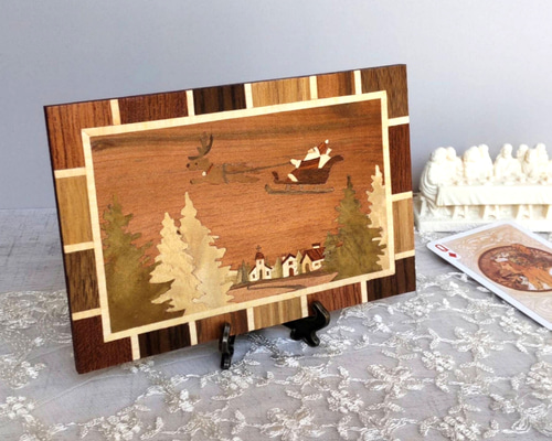 一点ものクリスマス2025 木の絵画 木象嵌 サンタとトナカイ はがき