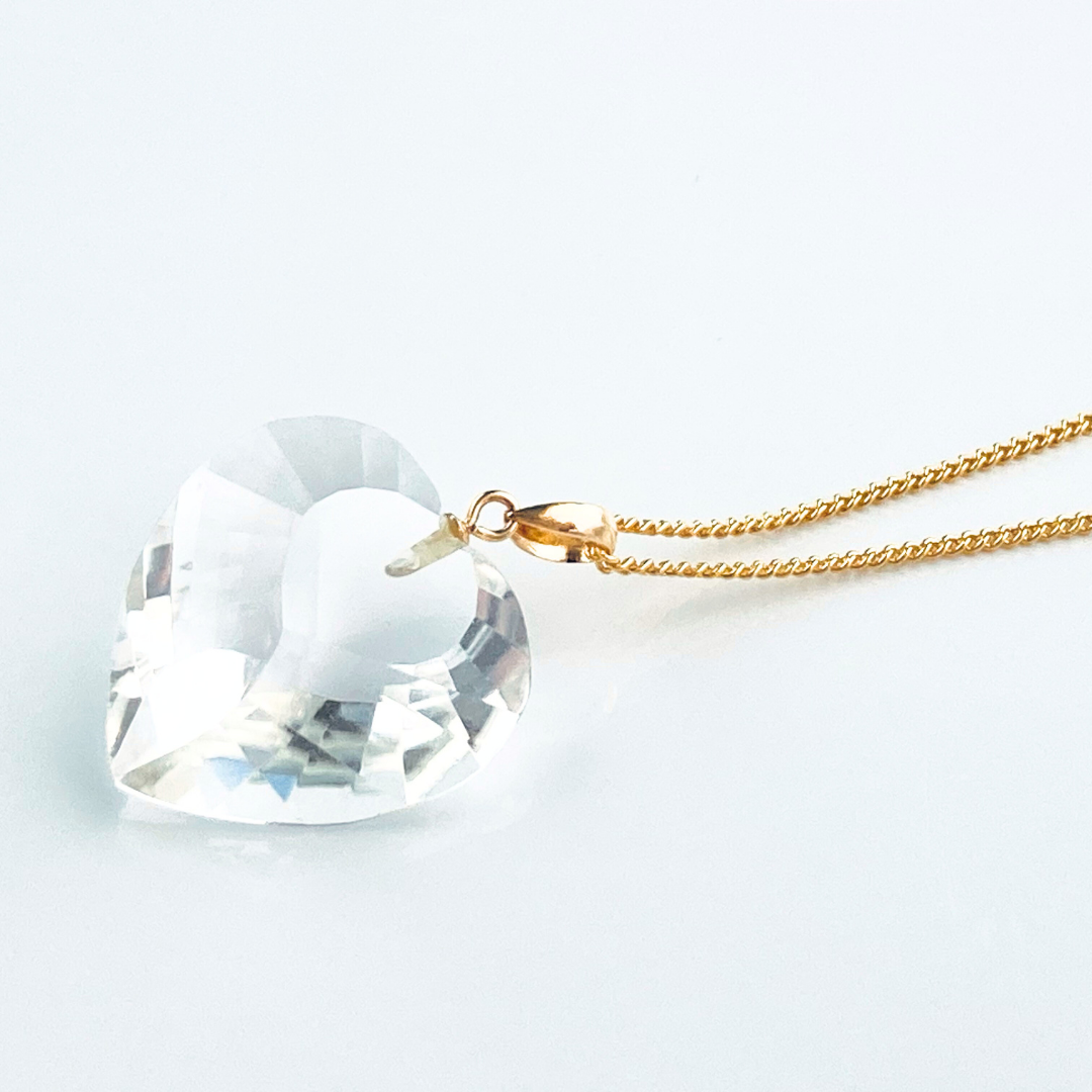 20mm 立体ハート クォーツ/白水晶 K18 K24GP 天然石ネックレス
