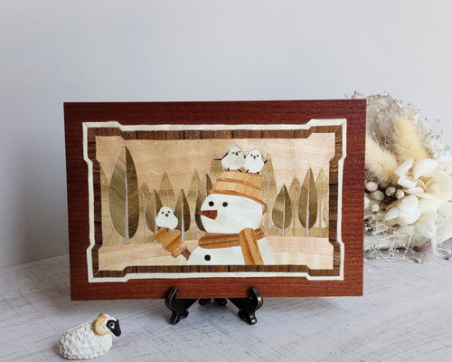 一点ものクリスマス2025 木の絵画 木象嵌 シマエナガ はがきサイズ