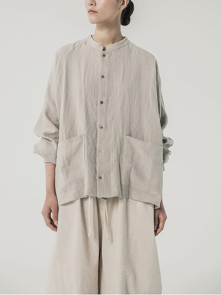 綿麻ブラウス 亞麻シャツ #亞麻色