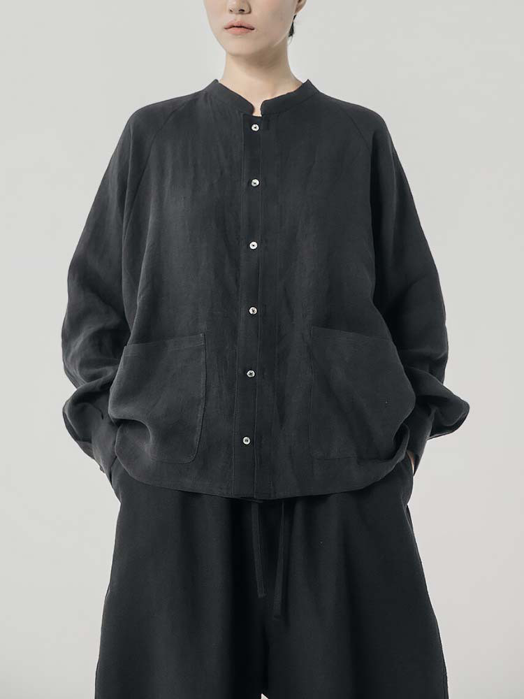 綿麻ブラウス 亞麻シャツ #黒色