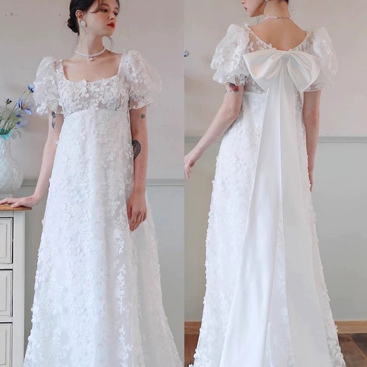 新作 ウェディングドレス  袖あり ハイウエスト リボン付き スレンダー 結婚式 前撮り  gcd_80045