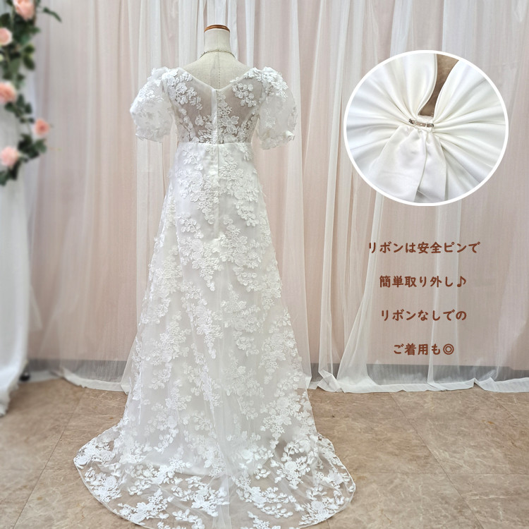 新作 ウェディングドレス  袖あり ハイウエスト リボン付き スレンダー 結婚式 前撮り  gcd_80045