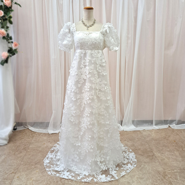 新作 ウェディングドレス  袖あり ハイウエスト リボン付き スレンダー 結婚式 前撮り  gcd_80045