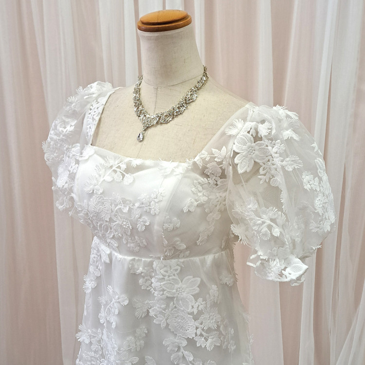 新作 ウェディングドレス  袖あり ハイウエスト リボン付き スレンダー 結婚式 前撮り  gcd_80045