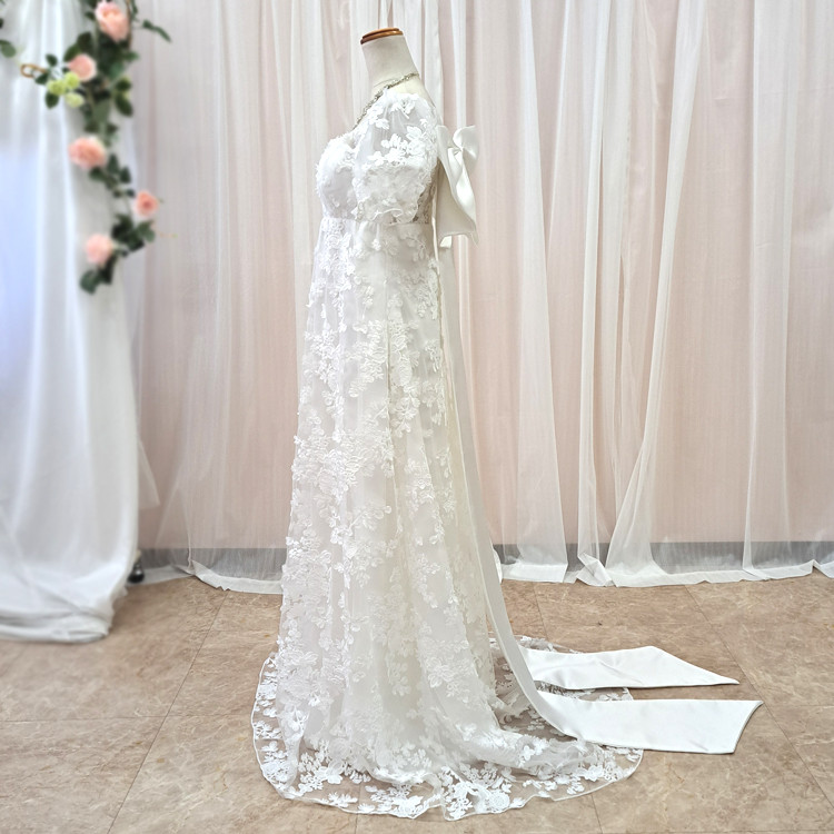 新作 ウェディングドレス  袖あり ハイウエスト リボン付き スレンダー 結婚式 前撮り  gcd_80045