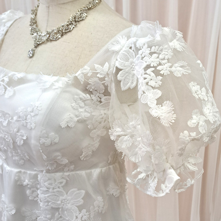 新作 ウェディングドレス  袖あり ハイウエスト リボン付き スレンダー 結婚式 前撮り  gcd_80045