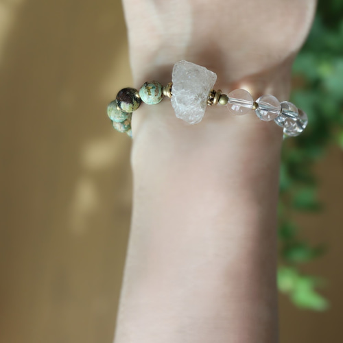 原石 ラフロック水晶 × アフリカンターコイズ 大ぶりブレスレット 