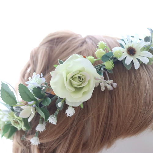 花冠＊白いお花とグリーンの花かんむり 薔薇•デージー ヘッドドレス
