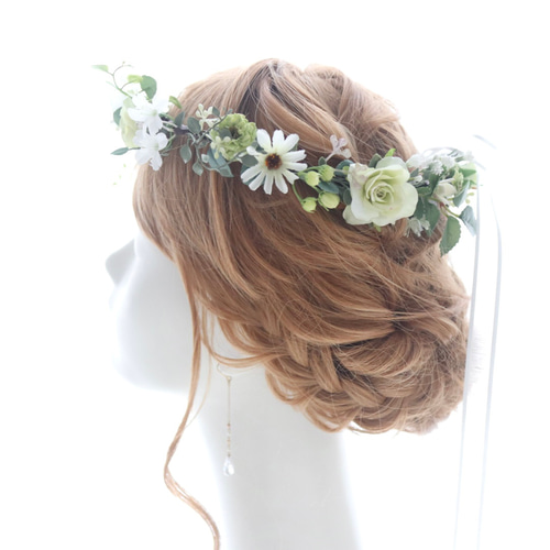 花冠＊白いお花とグリーンの花かんむり 薔薇•デージー ヘッドドレス