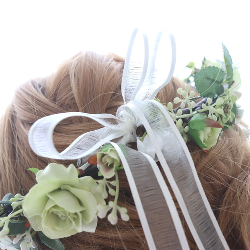 花冠＊白いお花とグリーンの花かんむり 薔薇•デージー ヘッドドレス