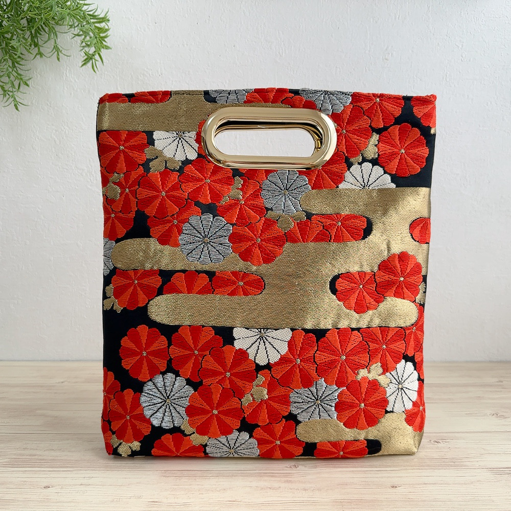 絹の帯から2wayクラッチバッグ 霞菊花文柄 帯リメイク284