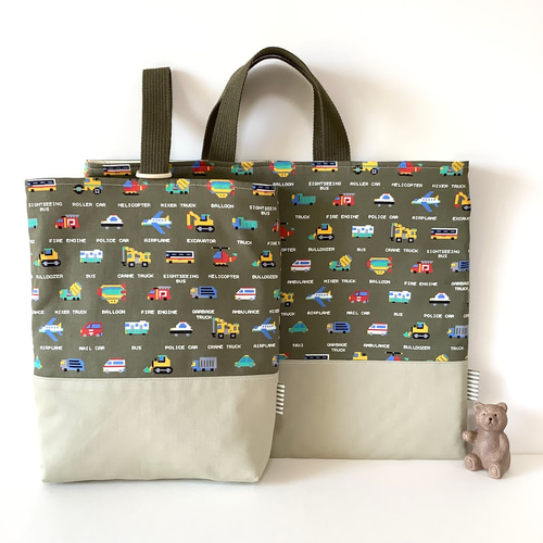 ♪NEW♪ ♡はたらくくるま☆レッスンバッグ♡カーキ♪ ドット絵