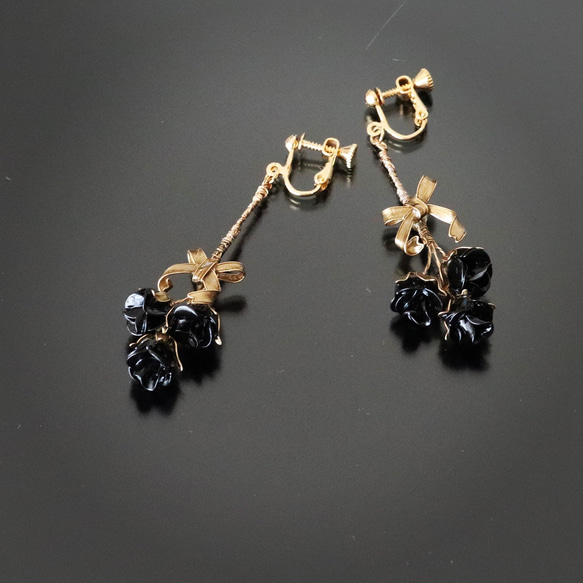 再販【黒ばら】〜 Roses Bouquet 〜【ディップアート】 イヤリング