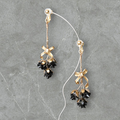 再販【黒ばら】〜 Roses Bouquet 〜【ディップアート】 イヤリング